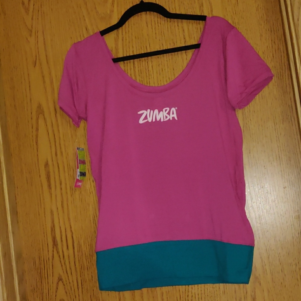NWT Zumba scoop neck tee, pink and turquoise large